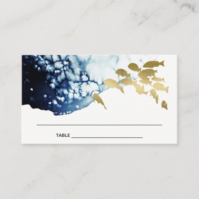 TARJETA DE MESA ELEGANT GOLD NAVY UNDERWATER SEA FISH WEDDING  (Anverso)