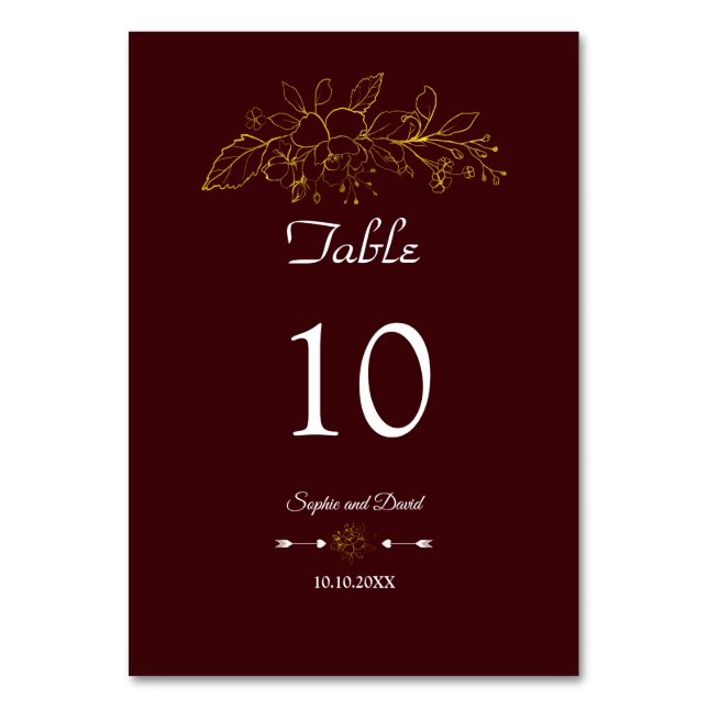 Tarjeta De Mesa Elegant Minimal Gold Floral Deep Burgundy Wedding (Anverso)