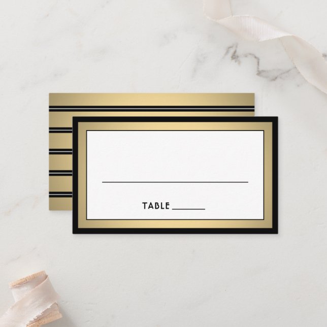 Tarjeta De Mesa Elegant Modern Border Black, Gold & White Escort / (Anverso/Reverso In Situ)