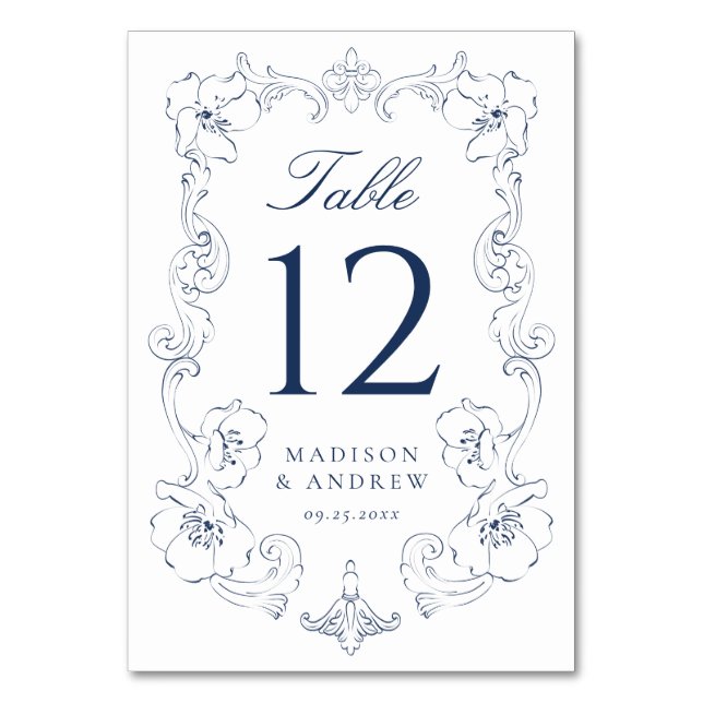 Tarjeta De Mesa Elegant Navy Ornate Floral Frame Wedding (Anverso)