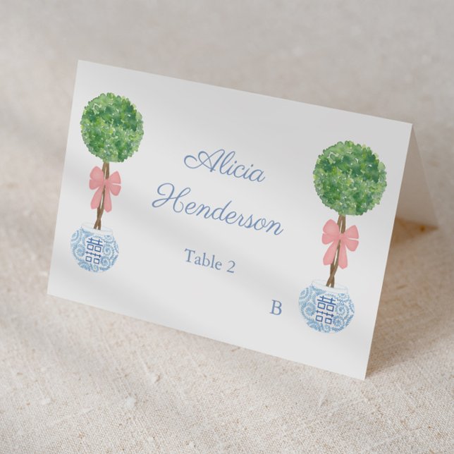Tarjeta De Mesa Elegant Pink Bow Topiary Individual Place Card (Elegant place card design featuring watercolor boxwood topiary in a ginger jar planter and pink bow)