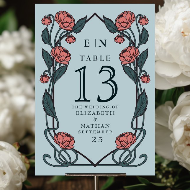 Tarjeta De Mesa Elegant Pink Peony Art Nouveau Floral Wedding (Subido por el creador)