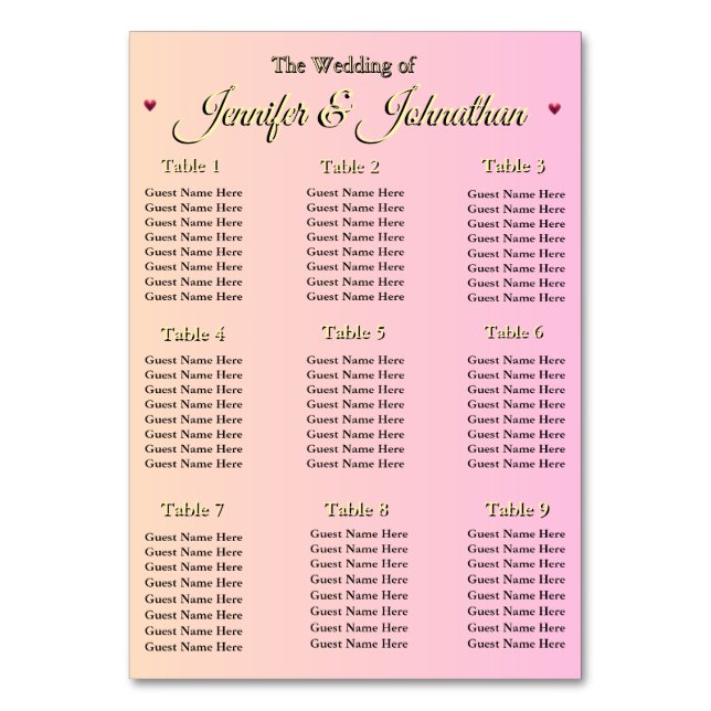 Tarjeta De Mesa Elegant Pink Red Hearts Wedding Seating Chart (Anverso)