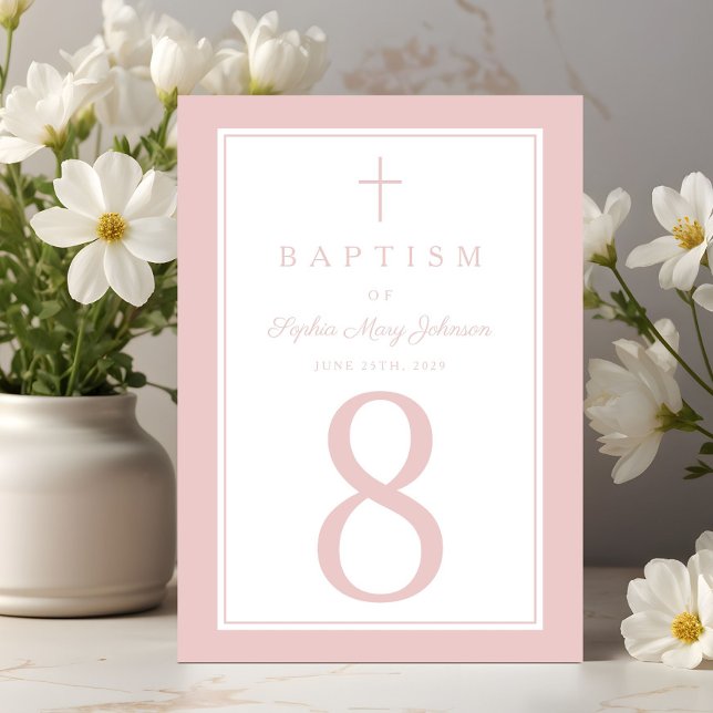 Tarjeta De Mesa Elegant Pink Religious Cross Girl Baptism (Elegant Pink Religious Cross Girl Baptism Table Number)
