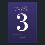Tarjeta De Mesa Elegant Purple Number Table Sign<br><div class="desc">This elegant wedding table card features a minimalist design with a deep purple background and crisp white text. The layout centers around a large, bold serif number "3, " complemented by cursive script for the word "table" at the top and clean sans-serif fonts for customizable names and date below. The...</div>