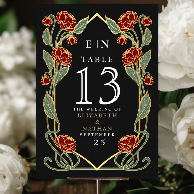 Tarjeta De Mesa Elegant Red Peony Art Nouveau Floral Wedding (Subido por el creador)
