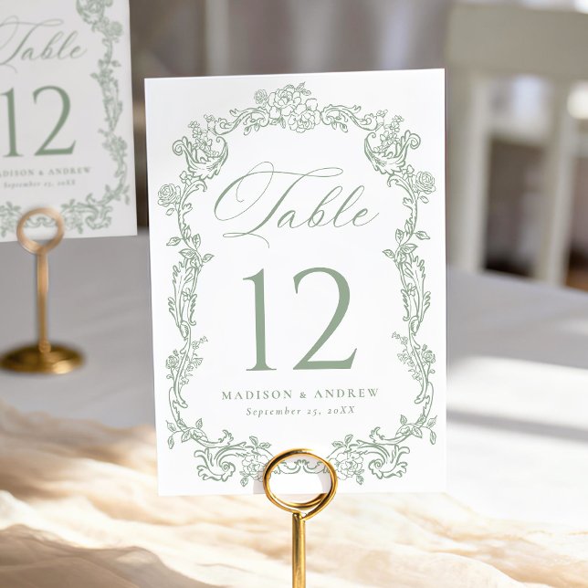 Tarjeta De Mesa Elegant Sage Green Victorian Floral Wedding (Subido por el creador)