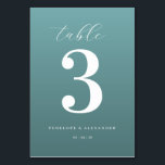 Tarjeta De Mesa Elegant Teal Number Three<br><div class="desc">This elegant wedding table card features a minimalist design with a calming teal background and crisp white text. The focal point is the large, bold numeral "3" centered on the card, surrounded by an assortment of fonts that add visual interest without cluttering the layout. Customizable placeholders for names and dates...</div>