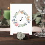 Tarjeta De Mesa Elegant Watercolor Floral Wedding Table Number<br><div class="desc">Add a graceful touch to your reception tables with this elegant watercolor floral wreath wedding table number card. A delicate botanical wreath of soft greenery and romantic blooms surrounds the table number, creating a refined focal point that is both stylish and easy for guests to read. The floral arrangement features...</div>