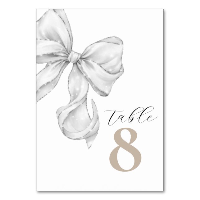 Tarjeta De Mesa Elegant White Bow Table Numbers for Wedding (Anverso)