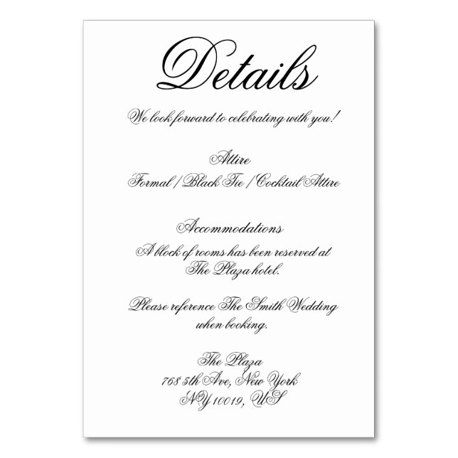 Tarjeta De Mesa Elegant White Minimal Wedding Detail Cards (Anverso)