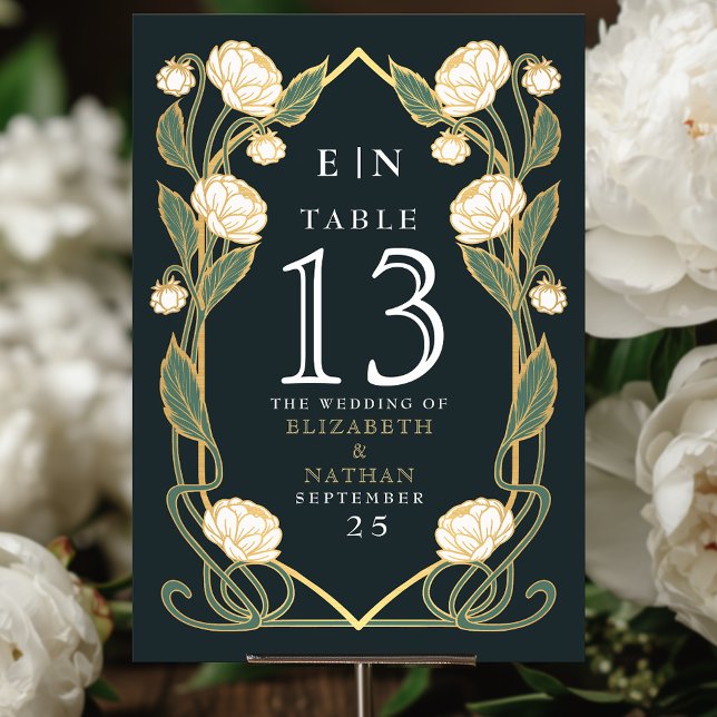 Tarjeta De Mesa Elegant White Peony Art Nouveau Floral Wedding (Subido por el creador)