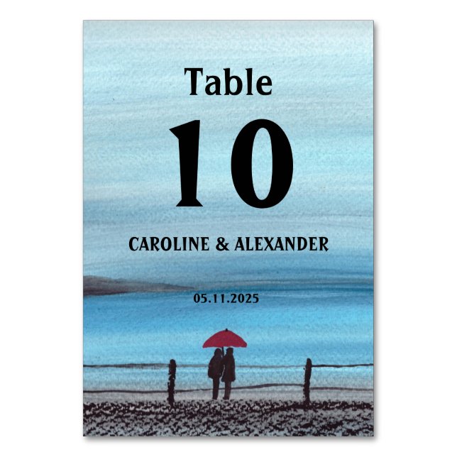 Tarjeta De Mesa Elegante acuarela Boda de Paraguas Rojos (Anverso)