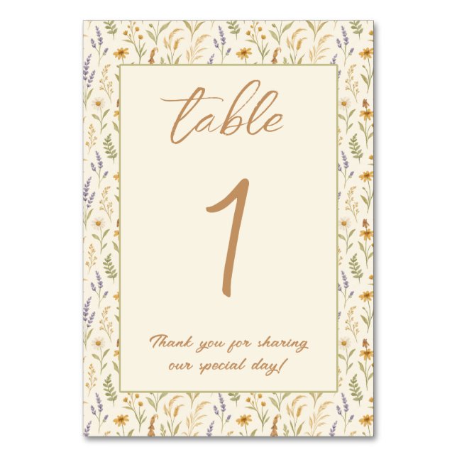 Tarjeta De Mesa Elegante acuarela Boda Floral de flores silvestres (Anverso)