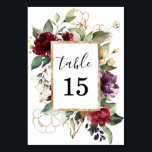 Tarjeta De Mesa Elegante acuarela dorada profunda floral roja<br><div class="desc">Elegante acuarela dorada vino tinto profundo rosa burdeos floral con vegetación para bodas o cualquier ocasión especial.</div>