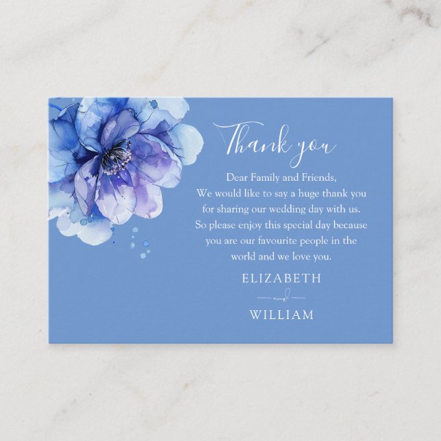 Tarjeta De Mesa Elegante acuarela Floral Azul Boda Gracias (Anverso)