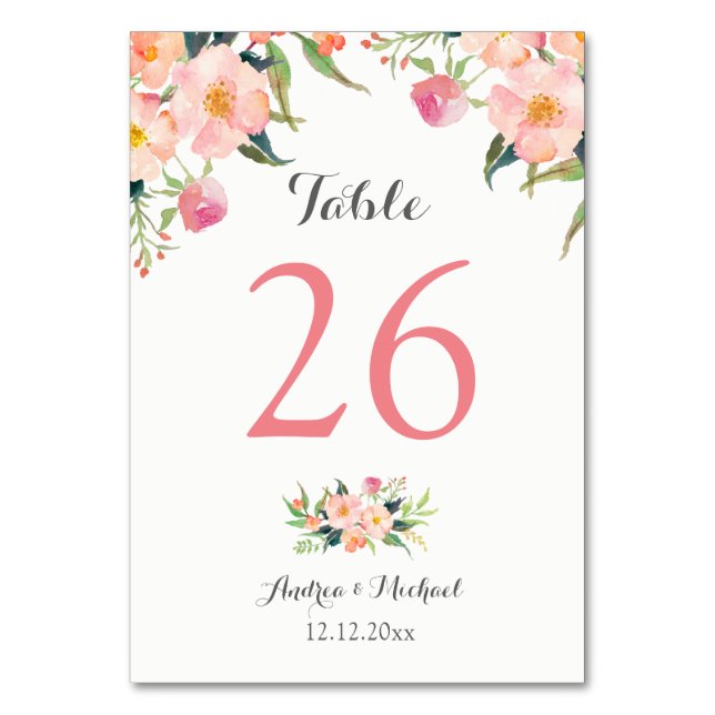 Tarjeta De Mesa Elegante acuarela Floral Boda número de tabla (Anverso)