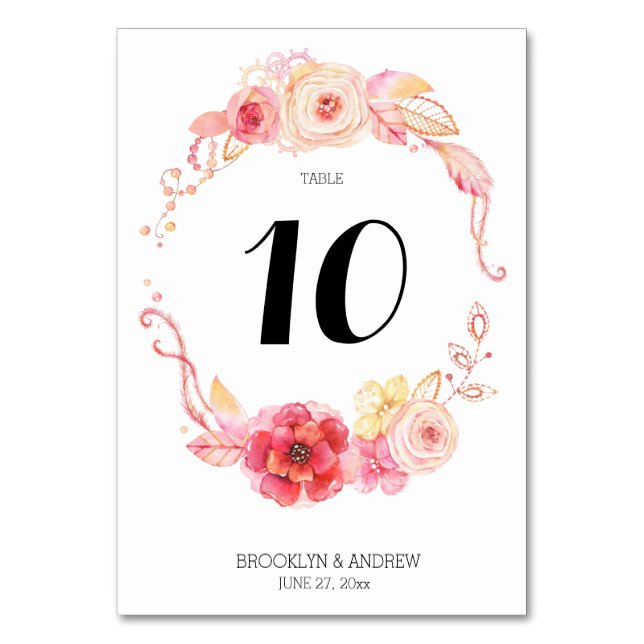 Tarjeta De Mesa Elegante acuarela floral Boda números de tabla (Anverso)