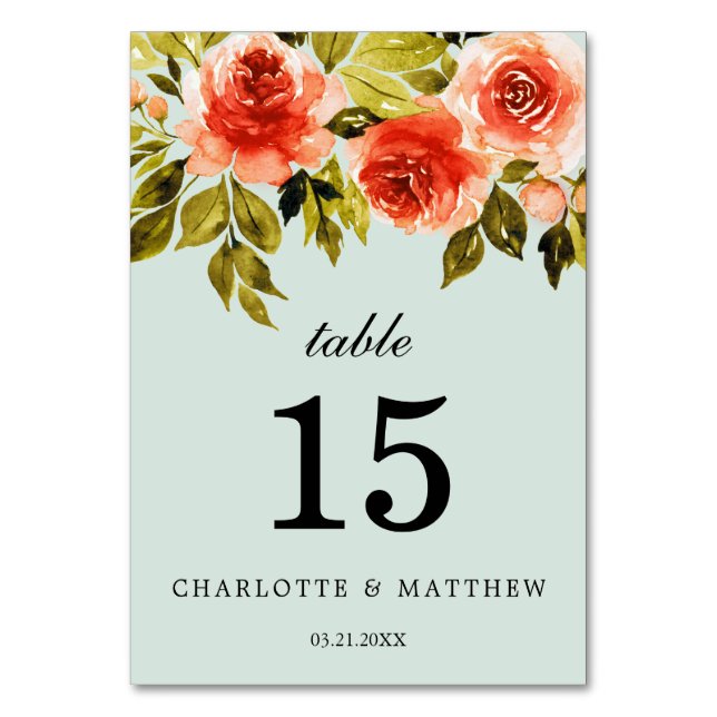 Tarjeta De Mesa Elegante acuarela Floral Mint Green Boda (Anverso)