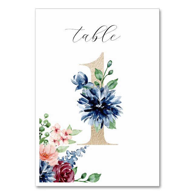 Tarjeta De Mesa Elegante acuarela Florals Faux Gold Boda 1 (Anverso)