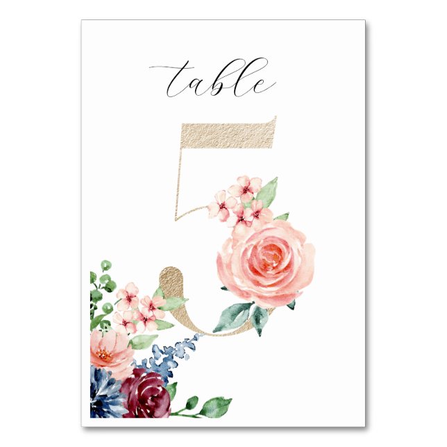 Tarjeta De Mesa Elegante acuarela Florals Faux Gold Boda 5 (Anverso)