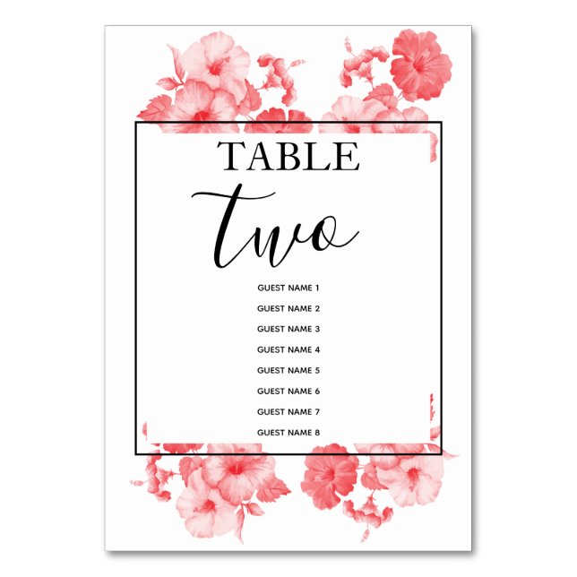 Tarjeta De Mesa Elegante acuarela Hibiscus Boda Nombres de invitad (Anverso)