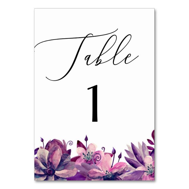 Tarjeta De Mesa Elegante acuarela morado boda de escritura floral (Anverso)