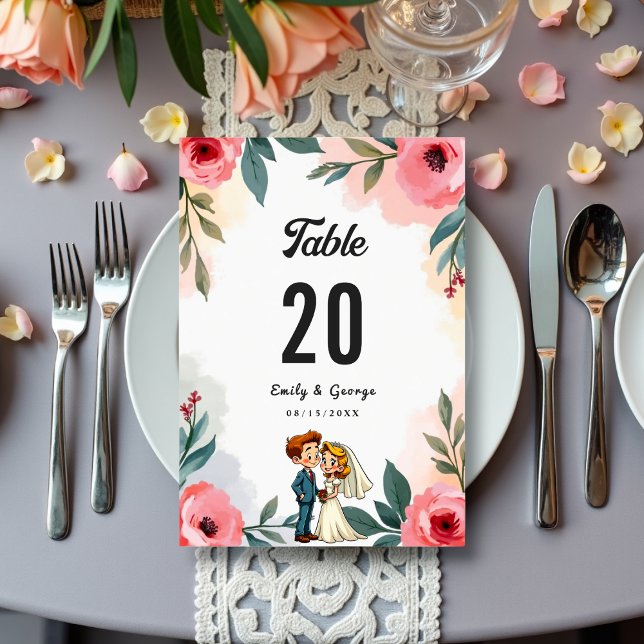 Tarjeta De Mesa Elegante acuarela Pareja Floral Boda de verano (Subido por el creador)