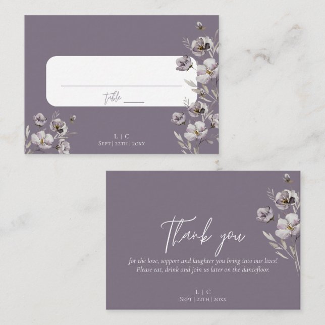 Tarjeta De Mesa Elegante acuarela púrpura de boda gracias (Anverso / Reverso)