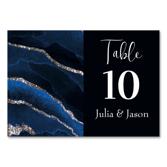 Tarjeta De Mesa Elegante Agate azul y plateado (Anverso)