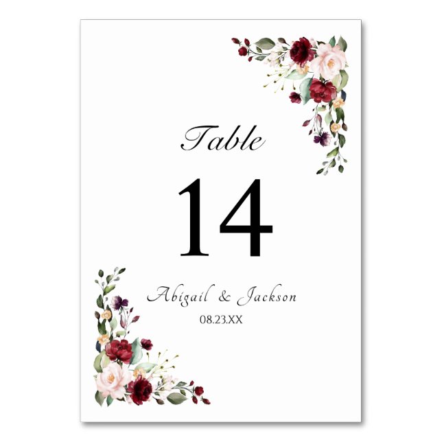 Tarjeta De Mesa Elegante asiento Floral Burgundy Wedding (Anverso)