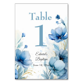 Tarjeta De Mesa Elegante Bautismo Azul Dusto Floral