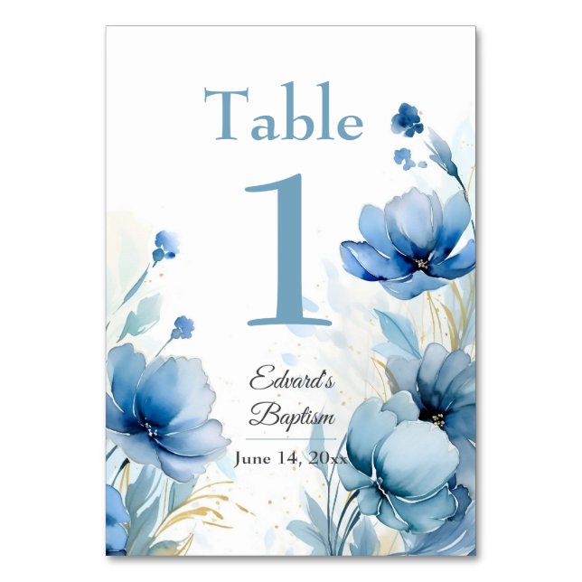 Tarjeta De Mesa Elegante Bautismo Azul Dusto Floral (Anverso)