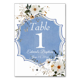 Tarjeta De Mesa Elegante Bautismo Azul Dusto Floral