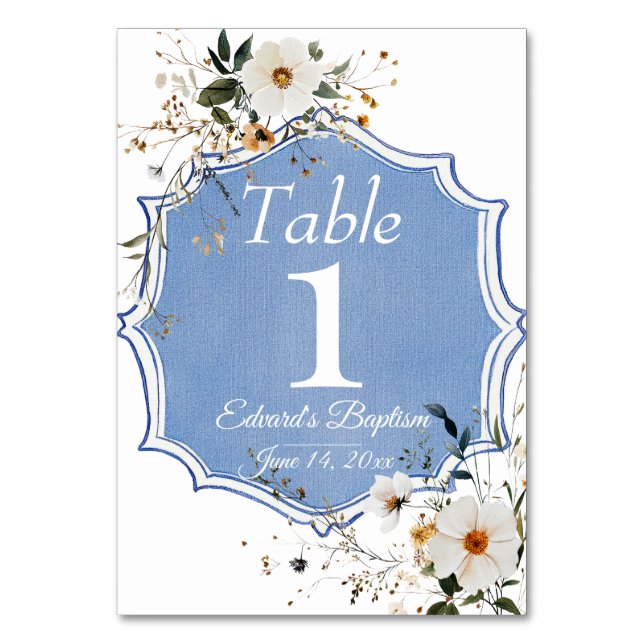 Tarjeta De Mesa Elegante Bautismo Azul Dusto Floral (Anverso)