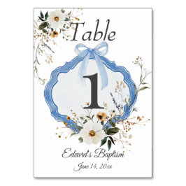 Tarjeta De Mesa Elegante Bautismo Azul Dusto Floral
