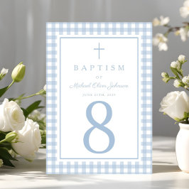 Tarjeta De Mesa Elegante Bautizo de Niño en Cuadro Azul Bebé