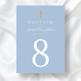 Tarjeta De Mesa Elegante Bebé Azul Religioso Cross Boy Baptismo