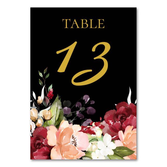 Tarjeta De Mesa Elegante Black Gold Burgundy Rubor Floral (Reverso)