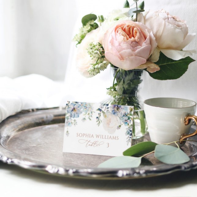 Tarjeta De Mesa Elegante Blue Hydrangea & Rubor Boda Place Card (Subido por el creador)