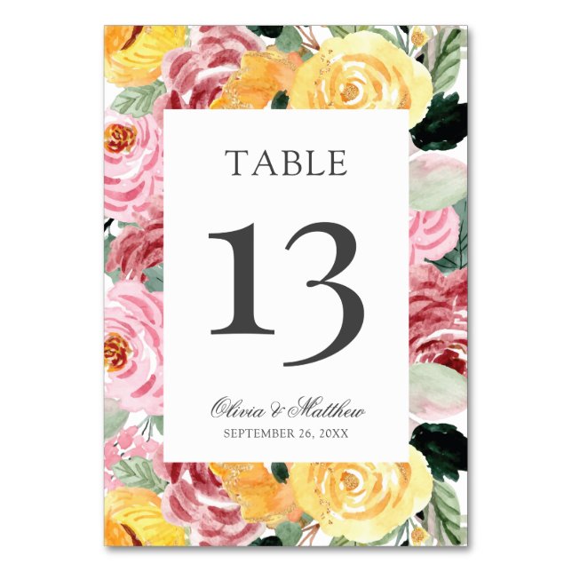Tarjeta De Mesa Elegante Boda acuarela floral (Anverso)