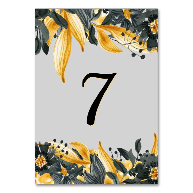 Tarjeta De Mesa Elegante Boda amarillo + gris floral acuático (Anverso)