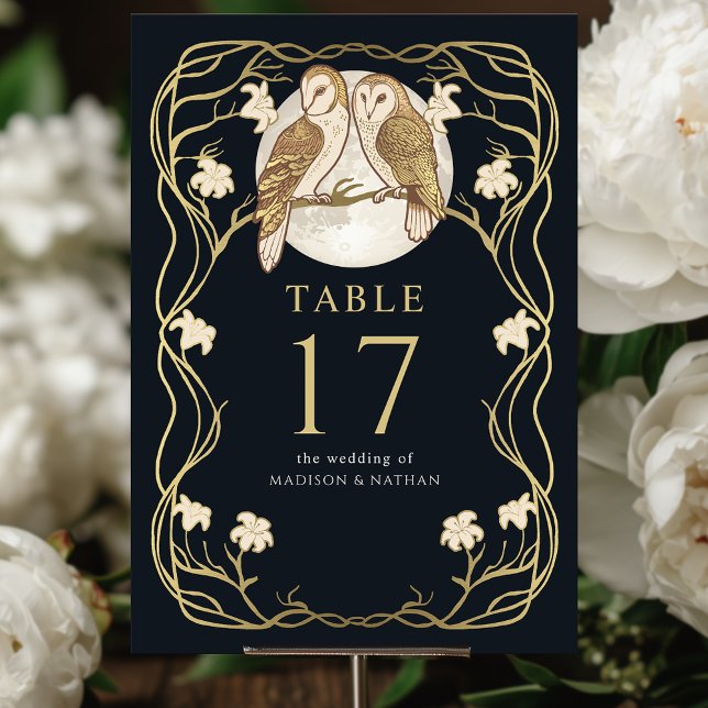 Tarjeta De Mesa Elegante Boda Art Nouveau Owls (Subido por el creador)