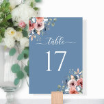 Tarjeta De Mesa Elegante Boda azul brillante floral brillante<br><div class="desc">Elegante número de mesa azul polvoriento con rincón acuarela pintado a mano en una combinación de rosa,  marfil,  azul y polvorientos tonos azules. Uso de la elegante caligrafía escrita a mano moderna. Parte de nuestra colección de eventos y bodas "Blissful Floral".</div>