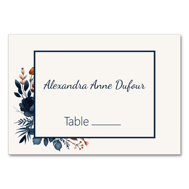 Tarjeta De Mesa Elegante Boda azul de la Marina y Naranja (Anverso)