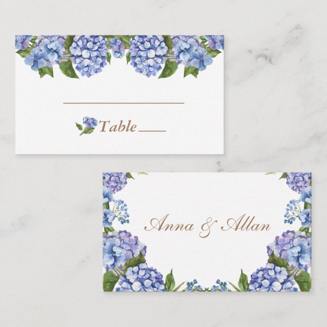 Tarjeta De Mesa Elegante Boda azul hidrangea floral blanco (Anverso / Reverso)