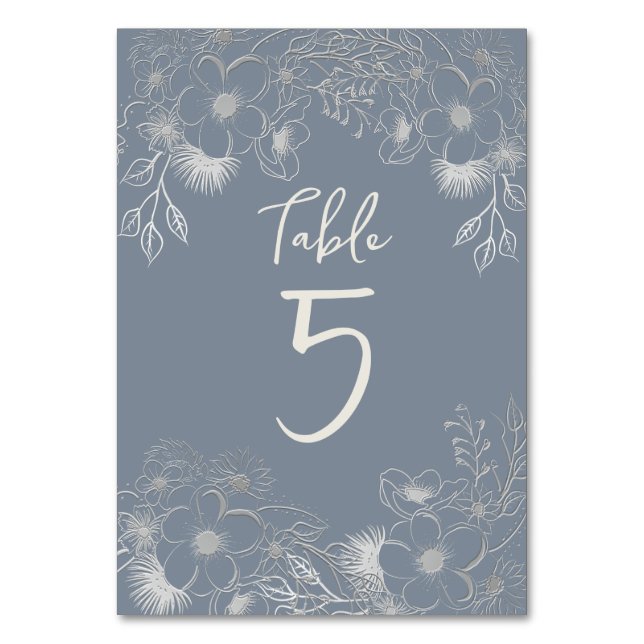 Tarjeta De Mesa Elegante Boda Azul Polvoriento (Anverso)