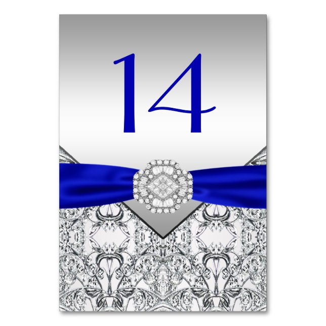 Tarjeta De Mesa Elegante Boda Azul Real Plata (Anverso)