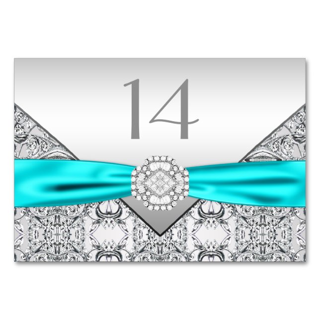 Tarjeta De Mesa Elegante Boda Azul Teal Plata (Anverso)