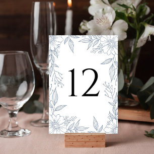 Tarjeta De Mesa Elegante Boda azul turbio de dibujo de línea flora